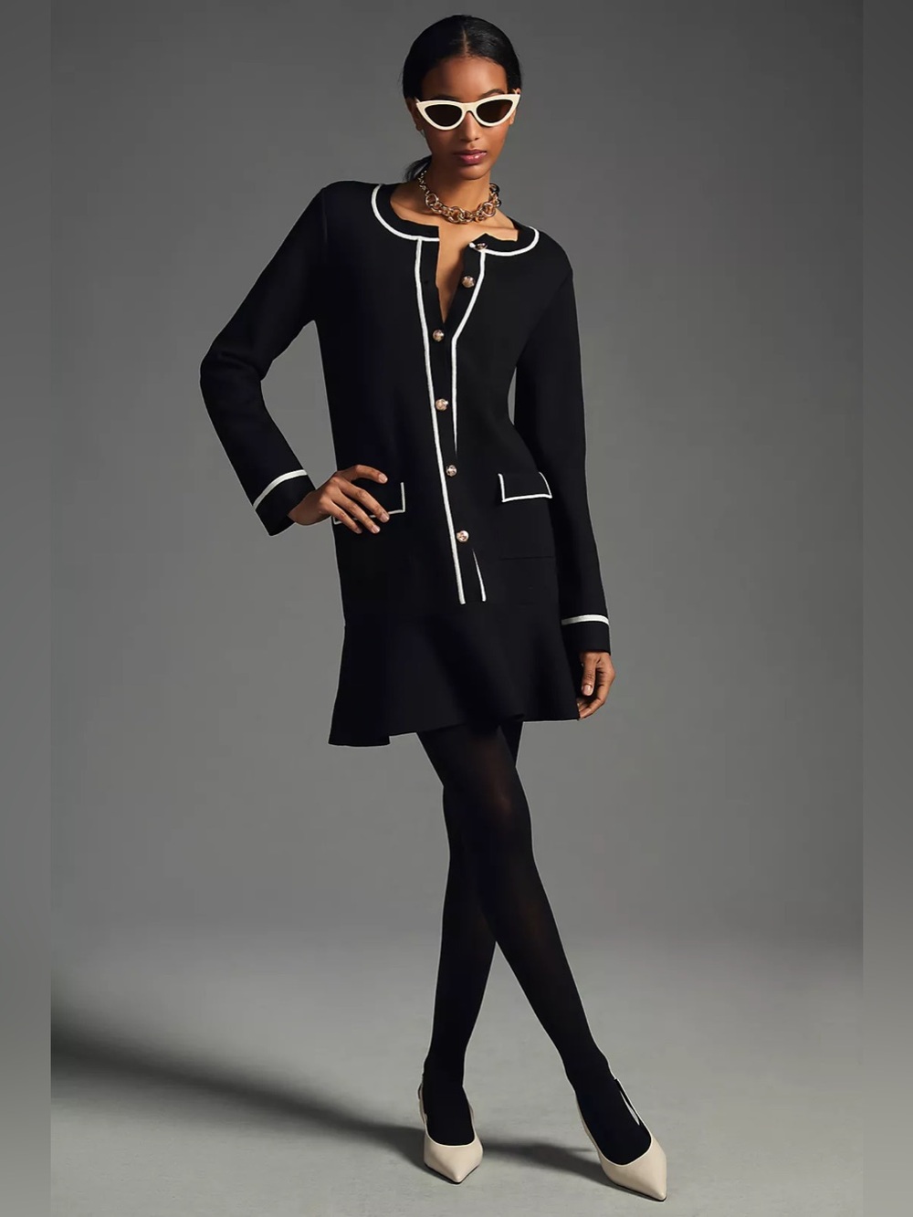 ENDLESS ROSE Drop Waist Long Sleeve Knit Mini Dress Black White Size Medium